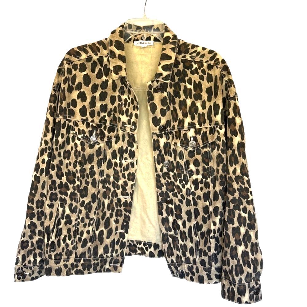 Macaron Walnut Leopard Denim Jacket Chest Pockets - Picture 4 of 6